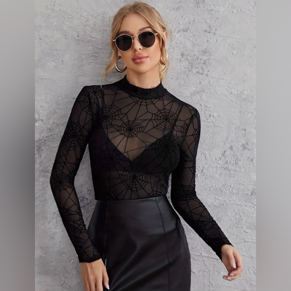 Black Velvet Spider Web Mesh Lace Layering Top